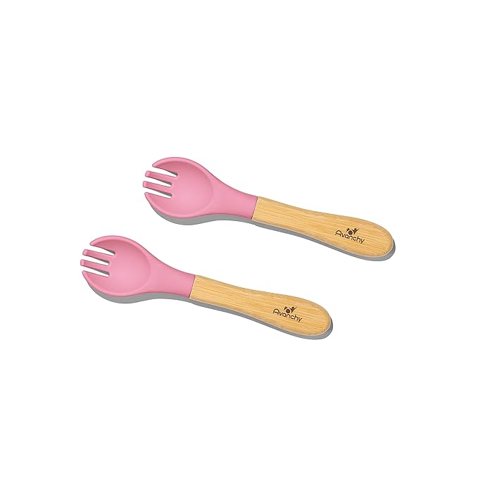 Avanchy Baby Fork Set, Bamboo and Silicone Spork Utensils, Toddler Baby Led Weaning Silverware Cutlery Flatware, Kids First Self Feeding-CubbioJoy