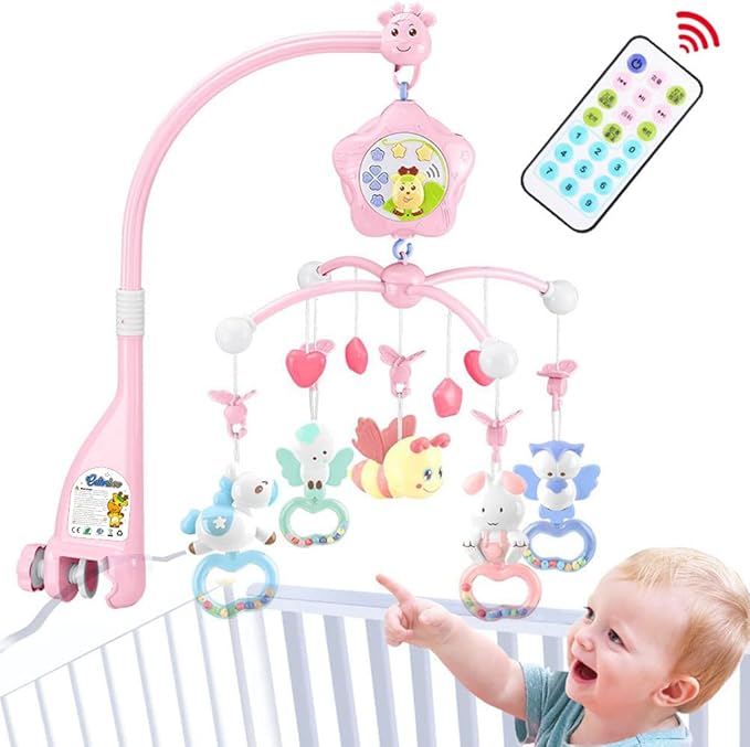 Baby Mobile for Crib with Musicial and Lights, Remote and Projection. Pack and Play Toys for Ages 0+ Months (Pink-Bee)-CubbioJoy