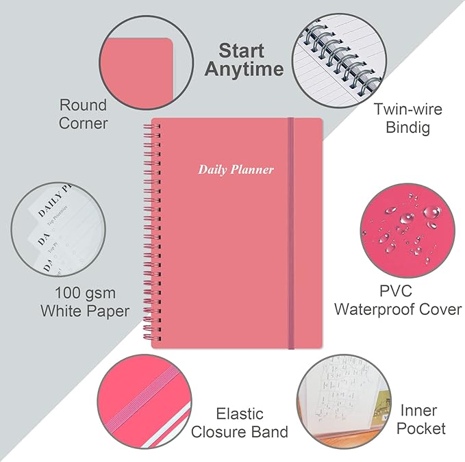 Daily Planner Undated - A5 To Do List Notebook Hourly Schedules, Spiral Appointment Planner for Women and Men, PVC Hardcover, Inner Pocket, Elastic Closure, 5.8" x 8.3", Pink-CubbioJoy