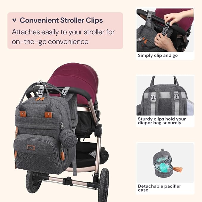 BabbleRoo Diaper Bag Backpack - Baby Essentials Travel Tote - Multi Function Waterproof Diaper Bag, Travel Essentials Baby Bag with Changing Pad, Stroller Straps & Pacifier Case - Unisex, Dark Gray-CubbioJoy