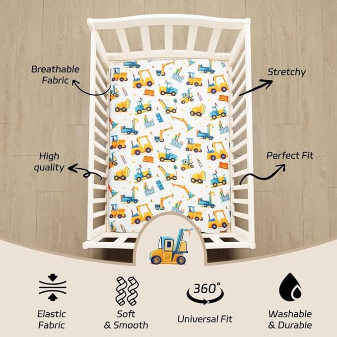 3 Piece Baby Boy Crib Bedding Set Construction Theme Baby Comforter Set for Crib Nursery Bed Set Decor with Fitted Crib Sheet, Comforter and Skirt for Boys Girls (Construction)-CubbioJoy