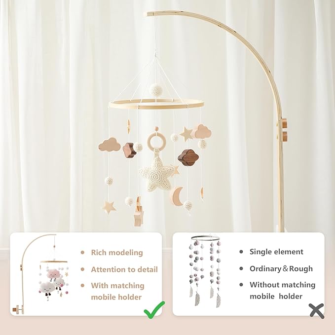 Baby Crib Mobile with Arm Boho Star Moon Nursery Mobile Set Wooden Baby Mobile Holder for Hanging Nursery Decor Ceiling Mobile-CubbioJoy