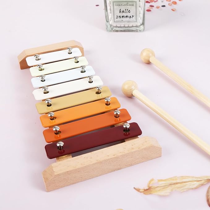 Baby Musical Instruments Neutral Colors Percussion Instruments Set Montessori Wooden Toys for Toddlers 1-3 with Xylophone for Kids Preschool Educational 3+ Wood Musical Toy 8pcs-CubbioJoy