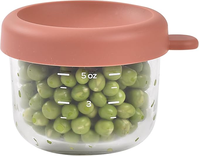 Beaba 5 oz Glass Baby Food Jars with Soft Silicone Air Tight Lids, Glass Storage Containers with Lids, Microwave and Freezer Safe Containers, Terracotta-CubbioJoy