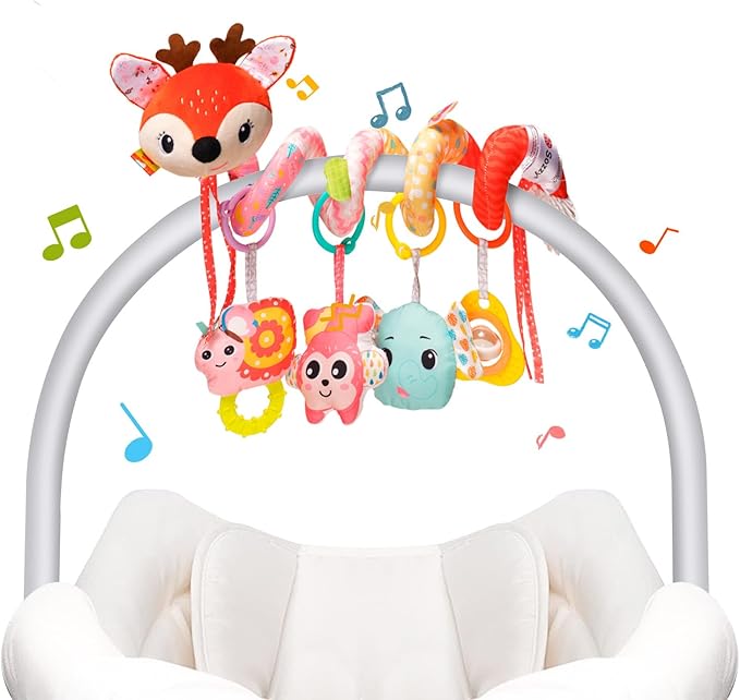 Car Seat Toys, Cute Deer Car Seat Toys for Babies 0-6 Months Boy, Stroller Toys with Crinkle, Teether, Music Box, Rattle, BB Squeaker for 0 3 6 9 12 Months Babies Infant Boys Girls Gifts (Cute Deer)-CubbioJoy