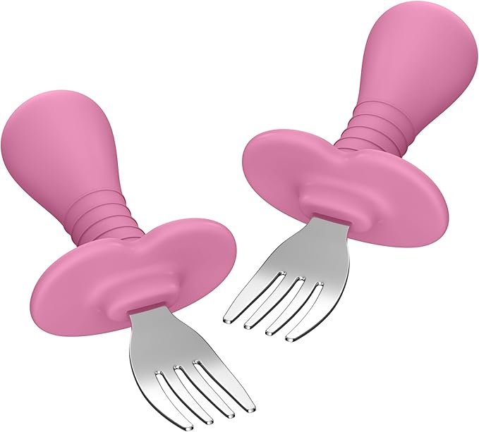 Baby Fork Toddler Forks for Self Feeding, Kids Forks with Silicone Round Handle, Stainless Steel Toddler Utensils Children Safe Silverware Set, Anti-Choke Design, BPA Free - Pink-CubbioJoy