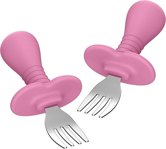 Baby Fork Toddler Forks for Self Feeding, Kids Forks with Silicone Round Handle, Stainless Steel Toddler Utensils Children Safe Silverware Set, Anti-Choke Design, BPA Free - Pink-CubbioJoy