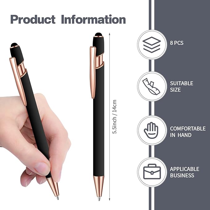 8 Pieces Ballpoint Pen with Stylus Tip Black Ink 2 in 1 Stylus Metal 1.0 mm Medium Point Smooth Pen Rainbow Colorful Rubberized Ballpoint for Touch Screen Tablet(Rose Gold, Black)-CubbioJoy