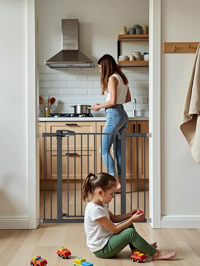 36.2" Extra Tall Baby Gate for Stairs, 29.5-46" Wide Dog Gate for Doorways, Walk Thru Auto Close Metal Child Gate for The House, Stairs and Doorways, Pet Gate Pressure Mounted Dog Gate Indoor (Black)-CubbioJoy