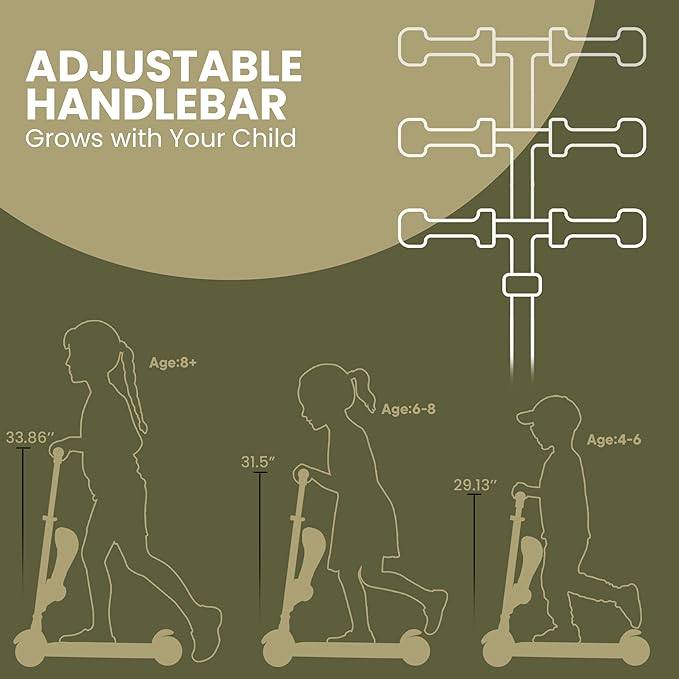 Army 3 Wheel Scooter with Seat for Kids – Light-Up LED Wheels, Adjustable Handlebar and Seat, Smooth PU Wheels, Wide Anti-Slip Deck, Rear Foot Brake – Toddler Outdoor Toys for Ages 2+-CubbioJoy