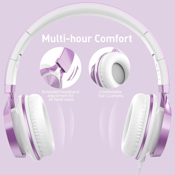 AILIHEN MS300 Purple Girl Headphones Wired with Microphone for Chromebook Laptop Computer, 3.5mm Foldable Lightweight on-Ear Headphones for School Teen Students-CubbioJoy