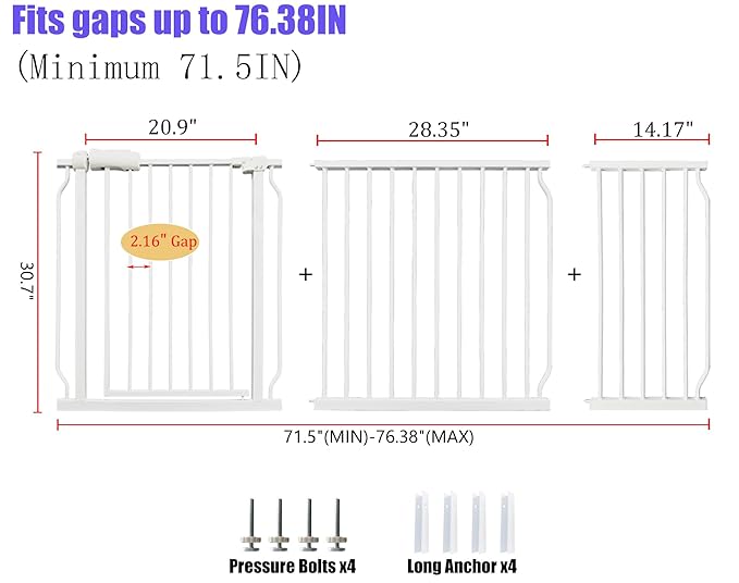 Baby Gates Extra Wide 71.5-76.4 Inch Large Baby Gates for Stairs Tension Pet Dog Gates Indoor for Doorways No Drilling Pressure Mounted Pet Gates for Kids-CubbioJoy