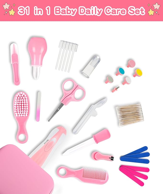 Baby Grooming and Healthcare Kit, Portable Baby Safety Care Set with Hair Brush Comb Nail Clipper Nasal Aspirator for Nursery Newborn Infant Girl Boy (32 in 1, Pink)-CubbioJoy