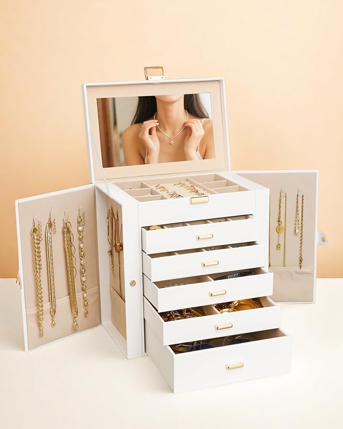 BOOVO Jewelry Box For women, 6 Layer Large Jewelry Organizer With Mirror, Multi-Function Storage Box With Lock, Necklace Holder With 5 Drawers, For Earrings Necklace Bracelet (White and Gold)-CubbioJoy