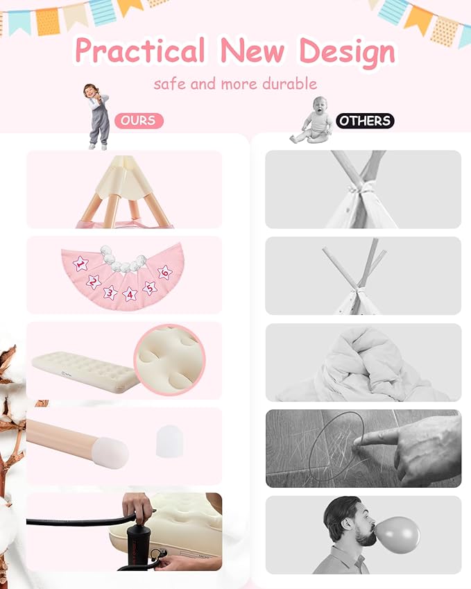 6 Pack Teepee Tent for Kids with Inflatable Airbed, Light, Toddler Tent Children Room Tents, Slumber Party Sleepover Tents, Indoor Outdoor Kids Playtent Playhouse for Girls & Boys-CubbioJoy