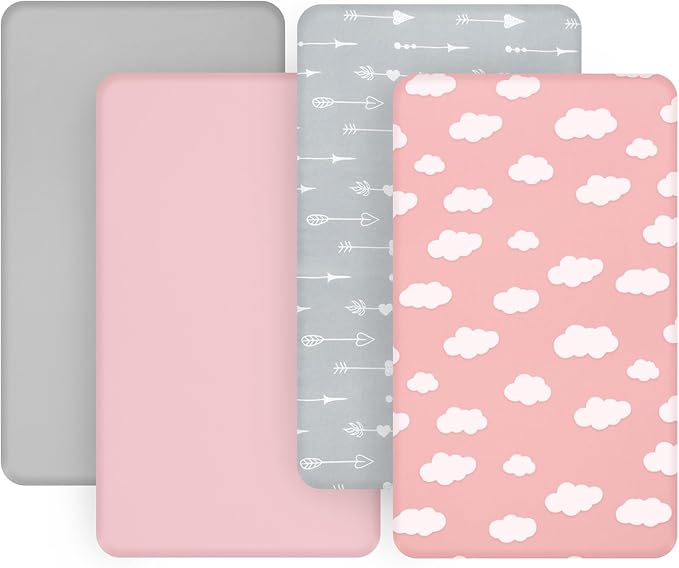 4-Pack Fitted Mini Crib Sheets for Boys and Girls - Breathable, Soft Microfiber Baby Sheets in Grey and Pink-CubbioJoy