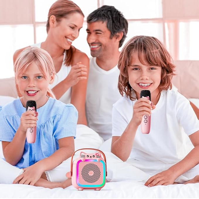 Karaoke Machine with 2 Wireless Microphones for Kids Adults,Portable Bluetooth Speaker Girls Toddlers Toy Gift for Aged 3-12 Year Birthday Parties Christmas Party - Pink-CubbioJoy