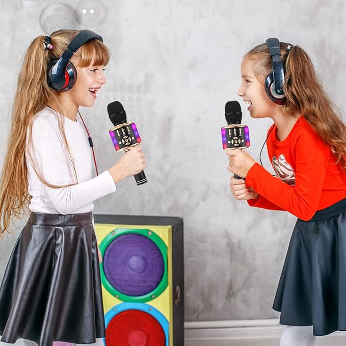 Amazmic Kids Karaoke Microphone Machine Toy Bluetooth Microphone Portable Wireless Karaoke Machine Handheld with LED Lights, Gift for Children Adults Birthday Party, Home KTV(Black Gold)-CubbioJoy