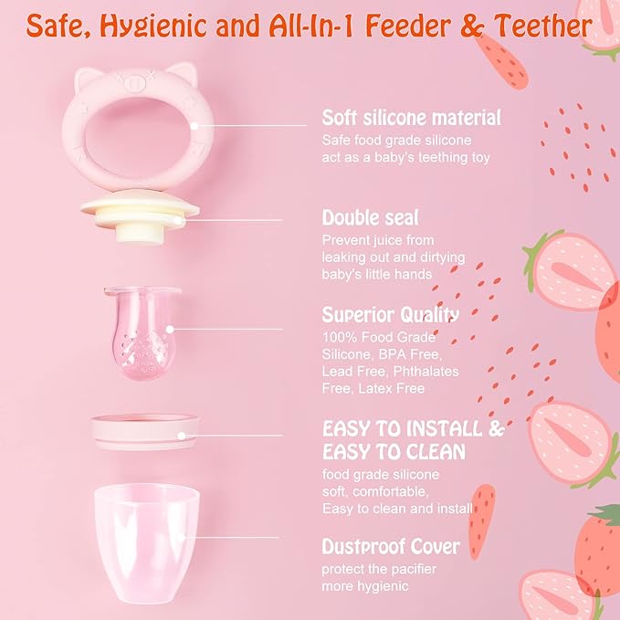 Baby Solids/Frozen Fruit Feeder Pacifier, Infant Teether Toy 4M+, BPA-Free Silicone Pouch & Nipple, Safely Introduce Solids, Teething Relief, 2-Pack (Pig Lulu - Blue Pink, S/M/L)-CubbioJoy