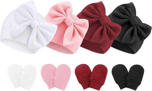 BQUBO Newborn Baby Hats Mittens Set Hospital Hat Beanie Infant Bow Hats Baby Gloves No Scratch Mittens for 0-6 Months-CubbioJoy