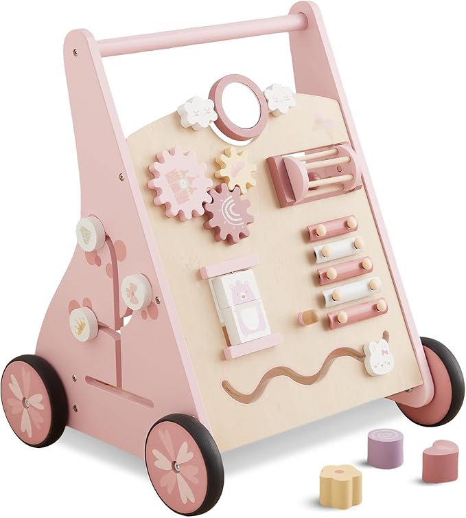 Beright Wooden Baby Walker Push and Pull Learning Activity Walker Kids’ Activity Toy Multiple Activities Center Develops Motor Skills & Stimulates Creativity(Pink)-CubbioJoy