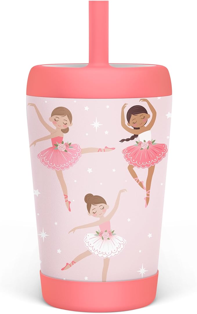 Kid Insulated Stainless Steel Tumbler with Silicone Straw, 12oz Sippy Cup for Kids (Pink Ballerina)-CubbioJoy