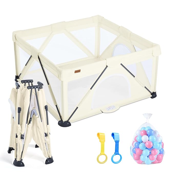 Baby Playpen Foldable, Playard for Babies and Toddlers, Portable Playpen Activity Center with 50 Balls+2 Handles for Travel, Indoor & Outdoor Play Pen with Mesh 50''x50''-CubbioJoy