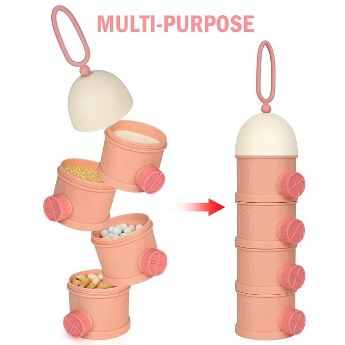 Accmor Formula Dispenser On The Go, 4 Layers Stackable Formula Container to Go, Non-Spill Portable Milk Powder Baby & Kids Snack Container, Pink-CubbioJoy