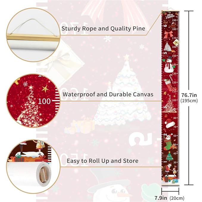 Christmas Baby Growth Chart for Wall, Height Chart for Kids, Xmas Kids Nursery Decor, Hanging Ruler Wall Decor, Kids Room Decor, Holiday Gifts for Boys Girls Toddlers - 76.7 x 7.9in with Beige Wood-CubbioJoy