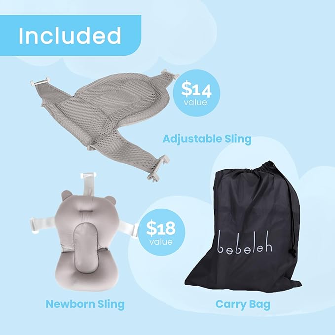 BEBELEH™ Collapsible Baby Bathtub – Bathtub + Baby tub Sling + Newborn Sling – Baby Bathtub Newborn to Toddler 0-24 Months – The Ultimate Travel Baby Bath Tub and Everyday Use! (Gray)-CubbioJoy