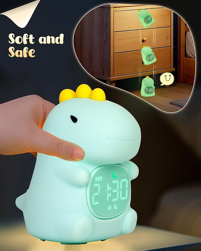 Dinosaus Alarm Clock for Kids with Night Light, Sleep Training Clock Time to Wake Clock, Rechargeable Silicone Light for Bedroom, Perfect Sleep Companion for Boys Girls-CubbioJoy