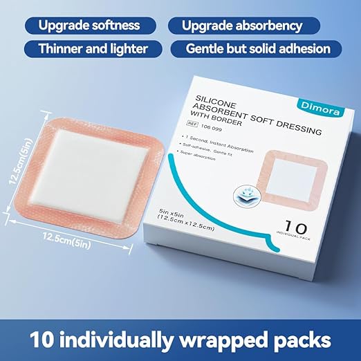 Dimora Silicone Super Absorbent Wound Dressings - Gentle Adhesive Bandages with Ultrasorb Polymer,Heavy Exudate Wound Care Pads 5"X 5" 10 Packs-CubbioJoy