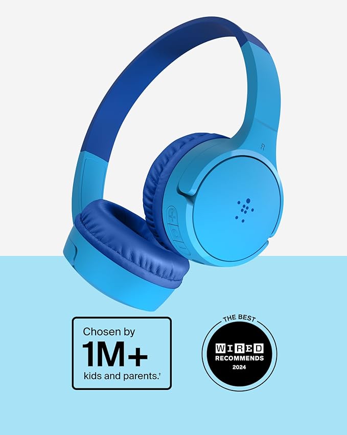 Belkin SoundForm Mini - Wireless Bluetooth Kids Headphones, 30H Battery, 85dB Safe Volume Limit, Built-in Microphone - Toddler On-Ear Earphones for iPhone, iPad - Ideal for School - Blue w/Case-CubbioJoy