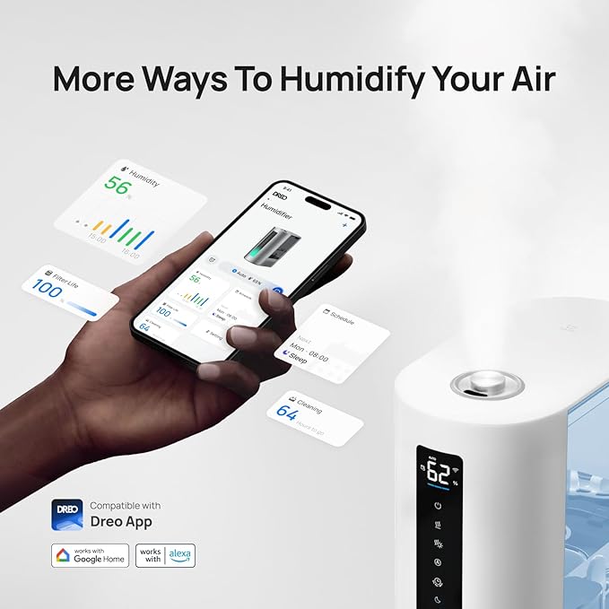 Dreo 6L Humidifiers for Bedroom, Smart Warm & Cool Mist for Large Room, 60Hr Quiet Runtime for Baby, Plant, Humidity Sensor, Indicator Light, 12H Timer, Google/Alexa, Blue-CubbioJoy