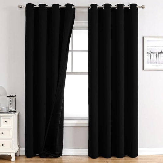 ChrisDowa 100% Blackout Curtains for Bedroom with Black Liner, 2 Thick Layers Total Blackout Thermal Insulated Grommet Window Curtains 2 Panels Set (Black, 52 x 72 Inch)-CubbioJoy