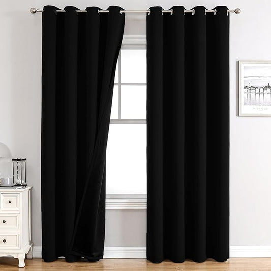ChrisDowa 100% Blackout Curtains 108 inch Long for Bedroom with Black Liner, 2 Thick Layers Total Blackout Thermal Insulated Grommet Window Curtains 2 Panels Set (Black, 52 x 108 Inch)-CubbioJoy