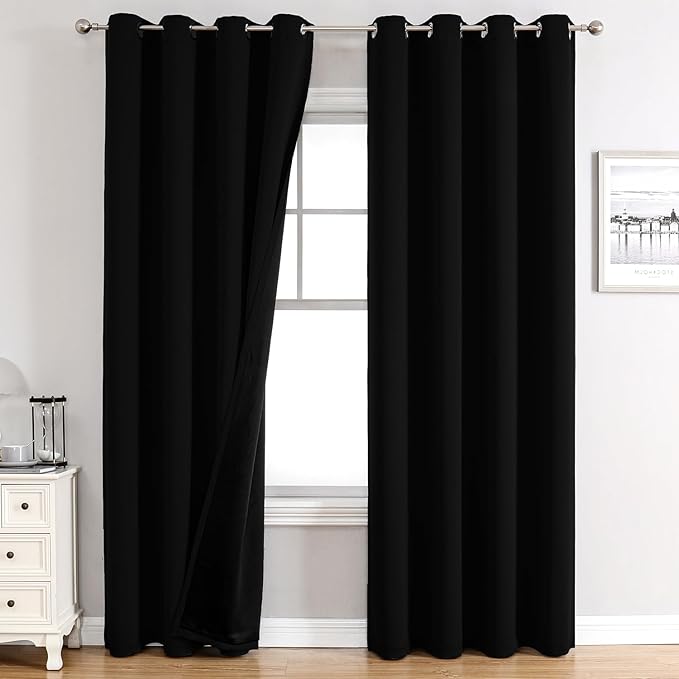 ChrisDowa 100% Blackout Curtains for Bedroom with Black Liner, 2 Thick Layers Total Blackout Thermal Insulated Grommet Window Curtains 2 Panels Set (Black, 52 x 84 Inch)-CubbioJoy