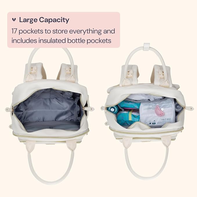 BabbleRoo Leather Diaper Bag Backpack - Baby Essentials Travel Baby Bag, Multi function, Waterproof, with Changing Pad, Stroller Straps & Pacifier Case – Unisex, Eggshell White-CubbioJoy