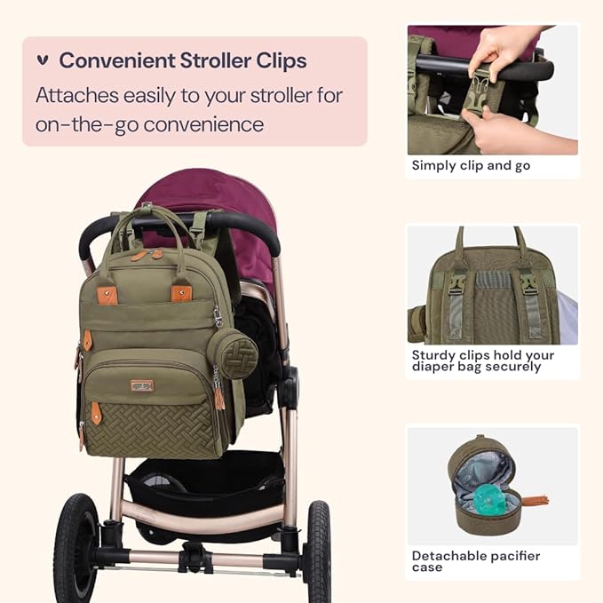 BabbleRoo Diaper Bag Backpack - Baby Essentials Travel Tote - Multi Function Waterproof Diaper Bag, Travel Essentials Baby Bag with Changing Pad, Stroller Straps & Pacifier Case - Unisex, Army Green-CubbioJoy