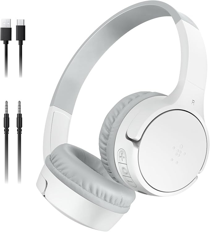 Belkin SoundForm Mini - Wireless Bluetooth Kids Headphones, 30H Battery, 85dB Safe Volume Limit, Built-in Microphone - Toddler On-Ear Earphones for iPhone, iPad, Fire Tablet, Ideal for School - White-CubbioJoy