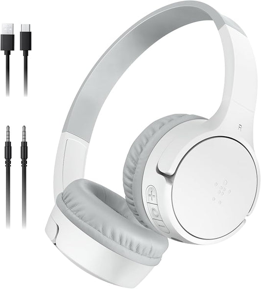 Belkin SoundForm Mini - Wireless Bluetooth Kids Headphones, 30H Battery, 85dB Safe Volume Limit, Built-in Microphone - Toddler On-Ear Earphones for iPhone, iPad, Fire Tablet, Ideal for School - White-CubbioJoy