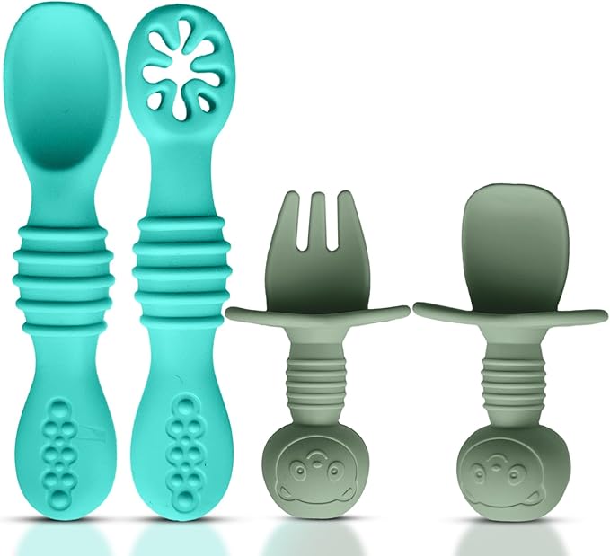 4pc Silicone Baby Spoons Self Feeding Baby Utensils 6-12 Months - 3 Baby Spoon - 1 Baby Fork - Toddler Cutlery Set - BPA Free, Dishwasher Safe - Baby Eating Essentials (Turquoise/Pickle)-CubbioJoy