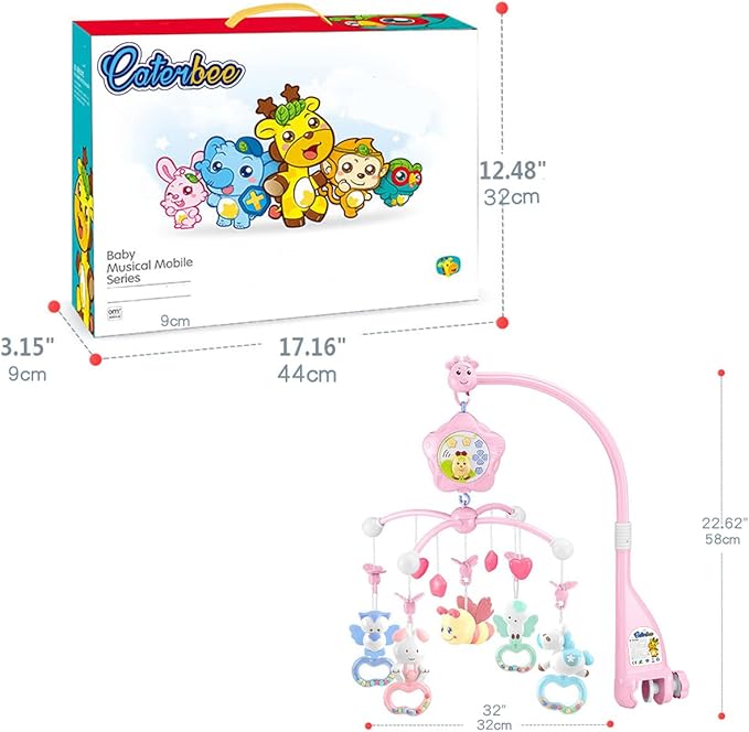 Baby Mobile for Crib with Musicial and Lights, Remote and Projection. Pack and Play Toys for Ages 0+ Months (Pink-Bee)-CubbioJoy