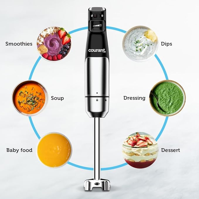 Courant Immersion Handheld Blender,4 in 1 400W Stick Blender, Variable Speed Stainless Steel Blades, Blending shaft Whisk,Chopper,Masher, Beaker Stainless Steel, LED Display-CubbioJoy