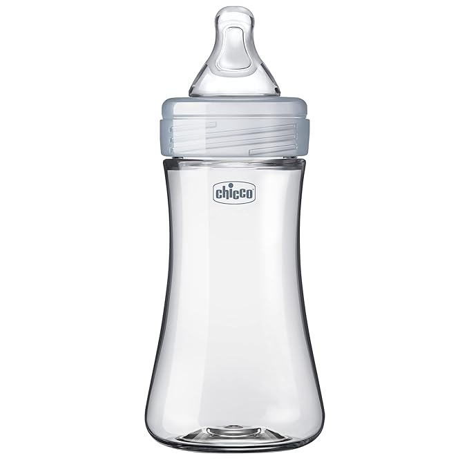Chicco Duo 9oz. Hybrid Baby Bottle with Invinci-Glass Inside and Plastic Outside | Dishwasher, Bottle Warmer, and Electric Sterilizer Safe | Intui-Latch Nipple | Clear/Grey-CubbioJoy