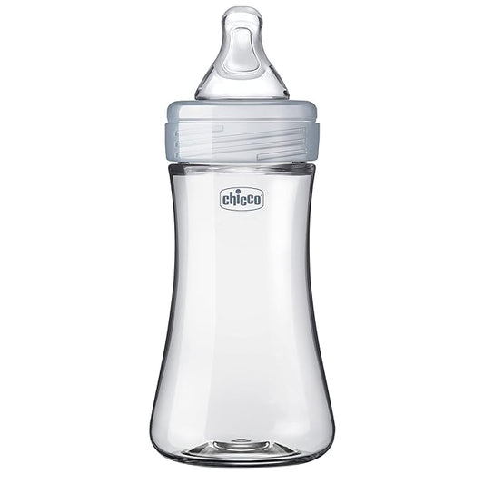 Chicco Duo 9oz. Hybrid Baby Bottle with Invinci-Glass Inside and Plastic Outside | Dishwasher, Bottle Warmer, and Electric Sterilizer Safe | Intui-Latch Nipple | Clear/Grey-CubbioJoy
