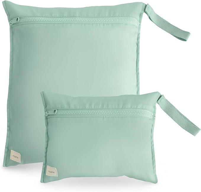 mushie Water Resistant Wet Bags | Large & Small Reusable Storage Bag for Baby Items and Travel | Zippered Pockets with Handle | Machine Washable, Set of 2 (Roman Green)-CubbioJoy