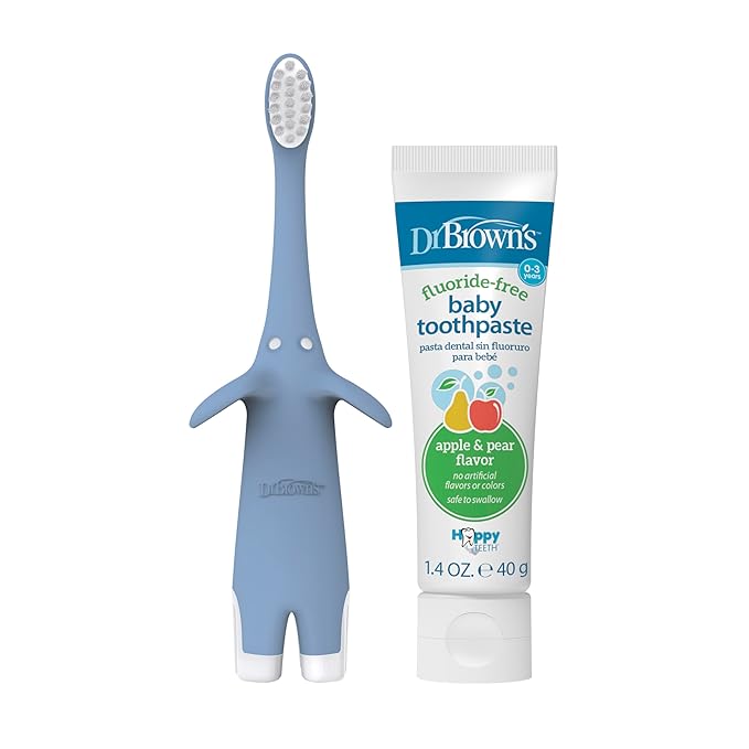 Dr. Brown's Infant-to-Toddler Training Toothbrush Set, Blue Elephant with Fluoride-Free Apple Pear Baby Toothpaste, 0-3 years-CubbioJoy