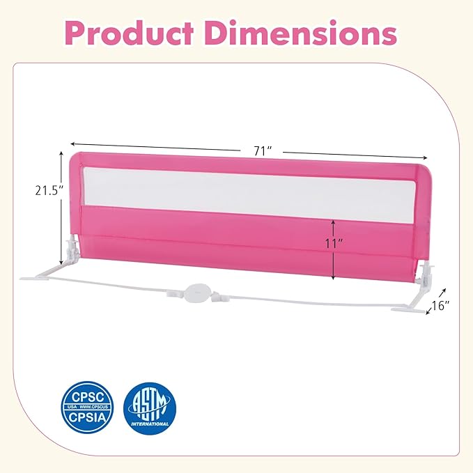 BABY JOY Bed Rails for Toddlers, 71'' Extra Long, Swing Down Bed Guard w/Safety Strap, Folding Baby Bedrail for Kids Twin, Double, Full Size Queen & King Mattress (71-Inch, Pink)-CubbioJoy