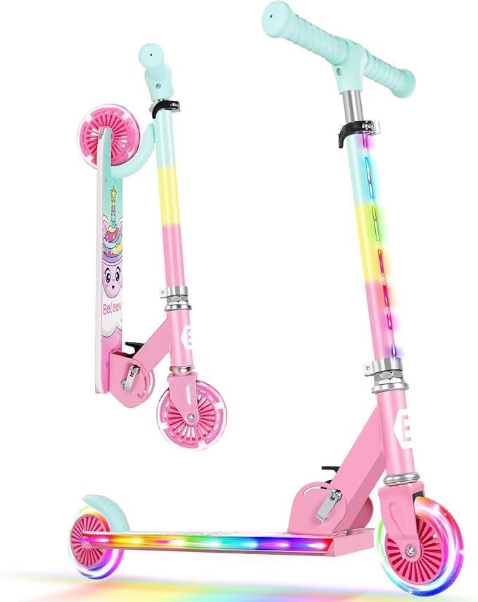 BELEEV V2 Scooters for Kids with Light-Up Wheels & Stem & Deck, 2 Wheel Folding Scooter for Girls Boys, 3 Adjustable Height, Non-Slip Pattern Deck, Lightweight Kick Scooter for Children Ages 3-12-CubbioJoy